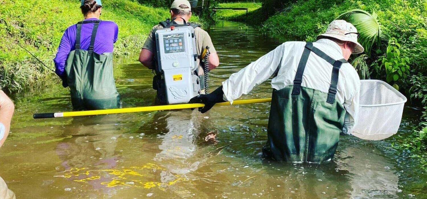 crew members wading in water performing environmental constraints analysis